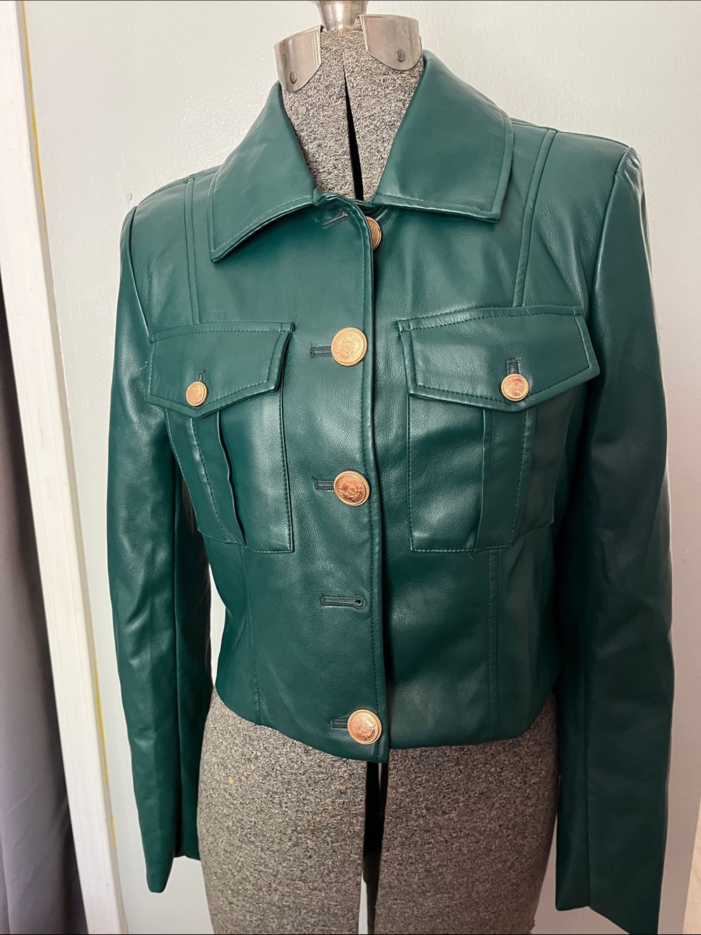 7 For All Mankind Teal Green Faux Leather Button Jacket